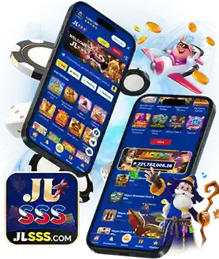 Mobile phone showing JLSSS app interface with options for login, register, games, download, and online casino access